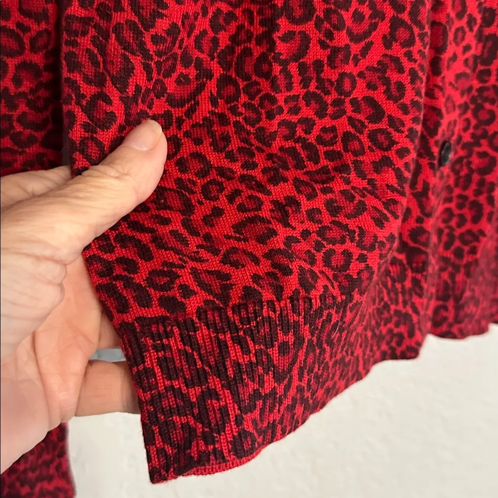 Ann Taylor Red Cheetah Animal Print Cardigan Sweater Silk Cashmere Medium Fall - Image 3