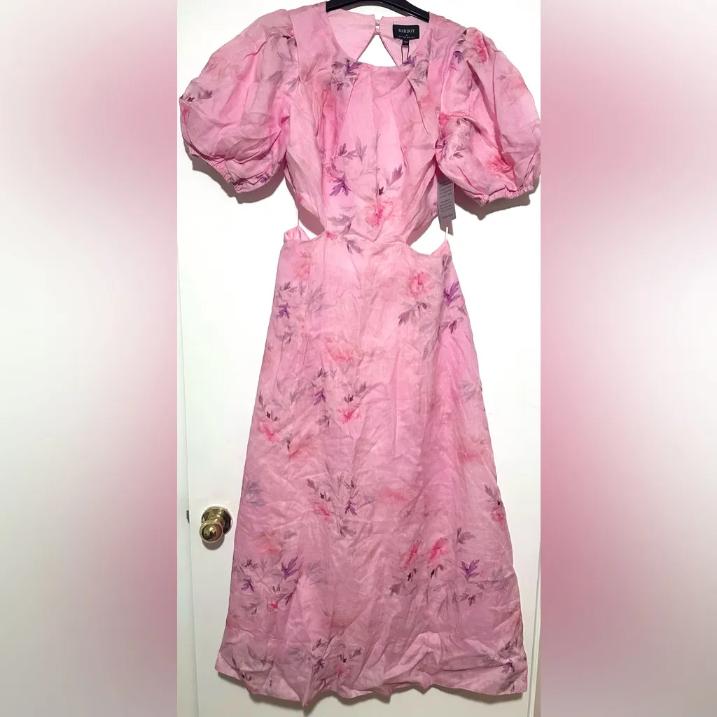 NWT Bardot Malina Floral Midi Dress Pink Flora Cutout Puff Sleeve Size 6 - Image 7