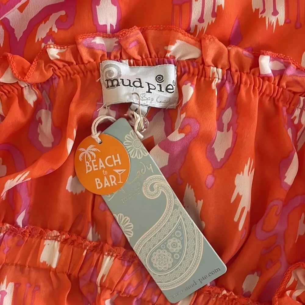NEW Mud Pie Orange Ikat Maxi Dress Strapless Tiered Ruffle Vacation Resortwear - Image 4