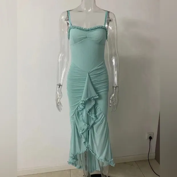 🫧Vivianixa Spaghetti Strap Mesh Dress with Ruffle Front Slit🫧 ~Medium NWOT Green - Image 11