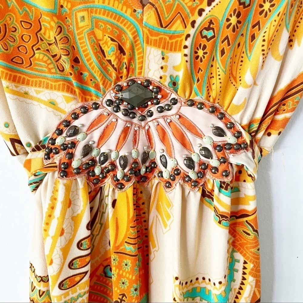 ECI New York Boho Paisley Beaded Waist Dress Sz M Orange Tan Multicolor - Image 5