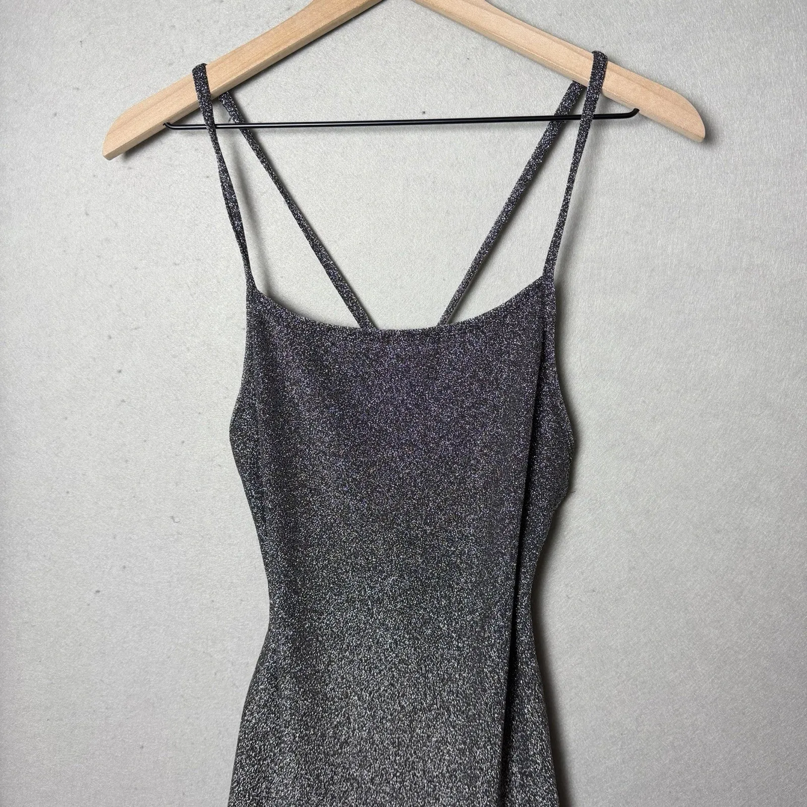Magia USA Black Silver Shimmer Maxi Dress Cross Cross Back Women’s Size L Size L - Image 3