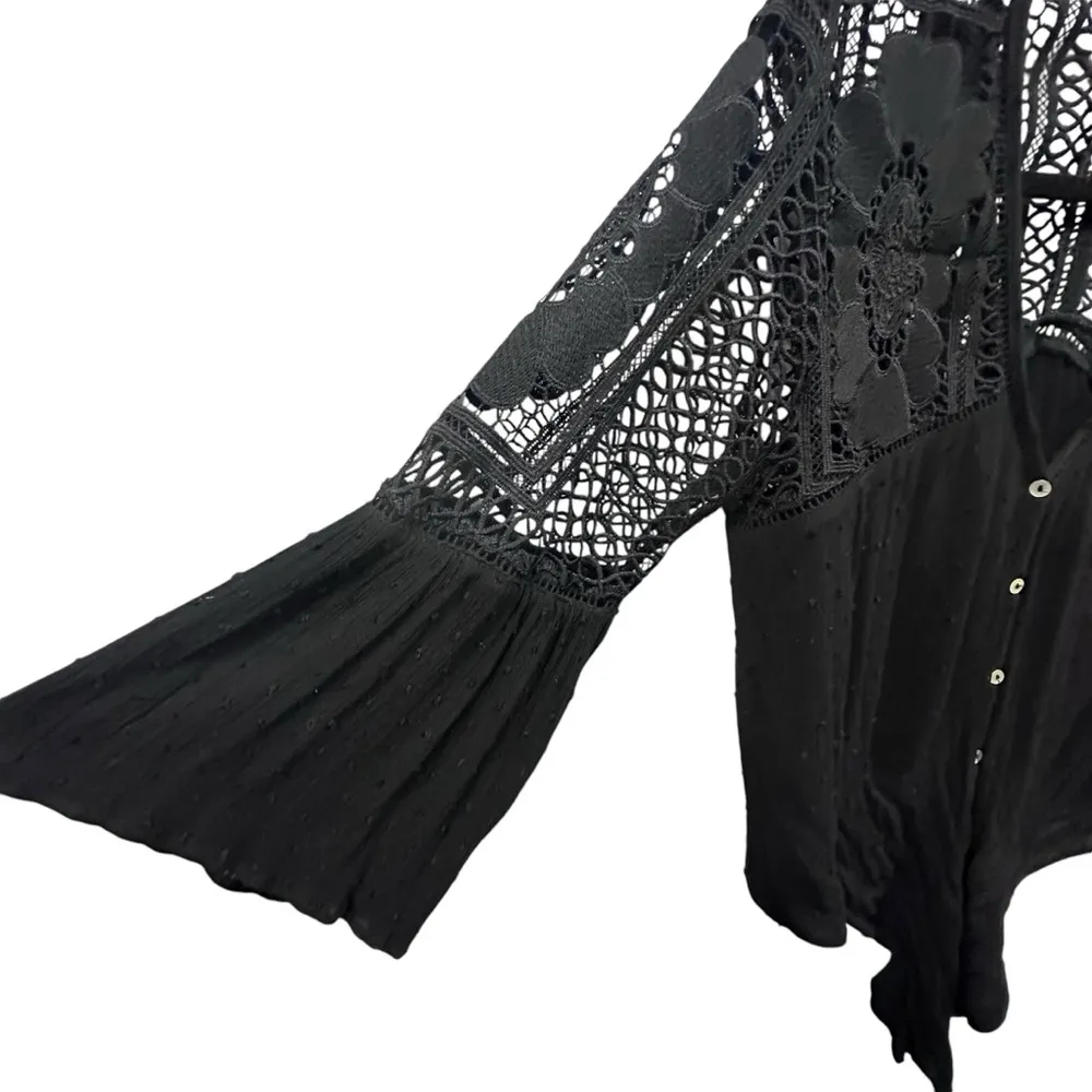 Love Stitch Black Lace Swiss Dot Tie Front Button Up 3 Quarter Sleeve Blouse S - Image 6