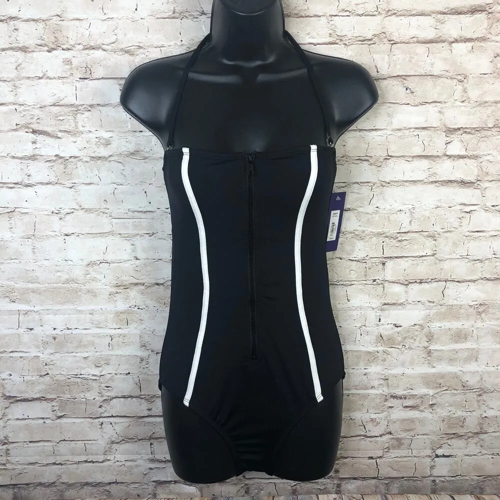 NEW Apt. 9 Bathing Suit Womens Small One Piece Swim Zipper Front  Black White - Image 2