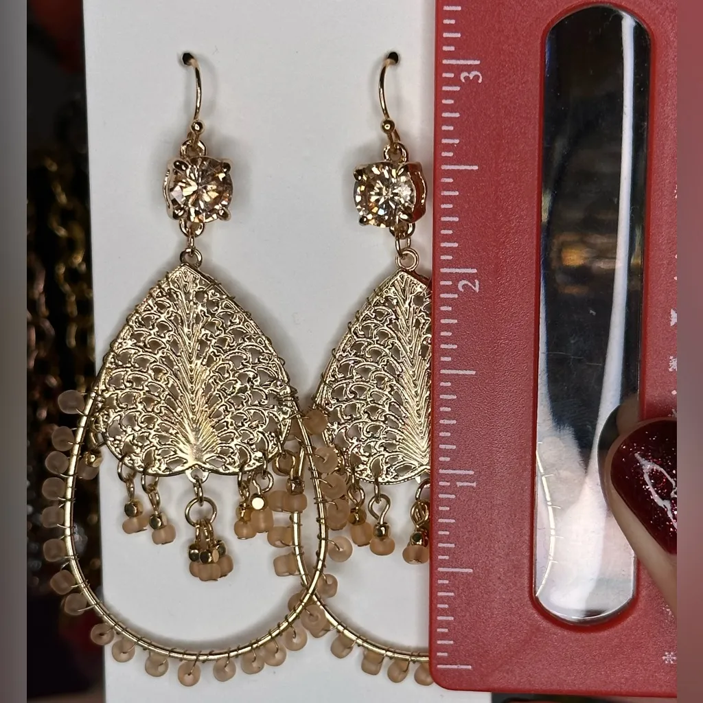 Gold Tone Chandelier Dangle Rhinestone Beaded Hoop Women's Fashion Earrings E13 - Image 3