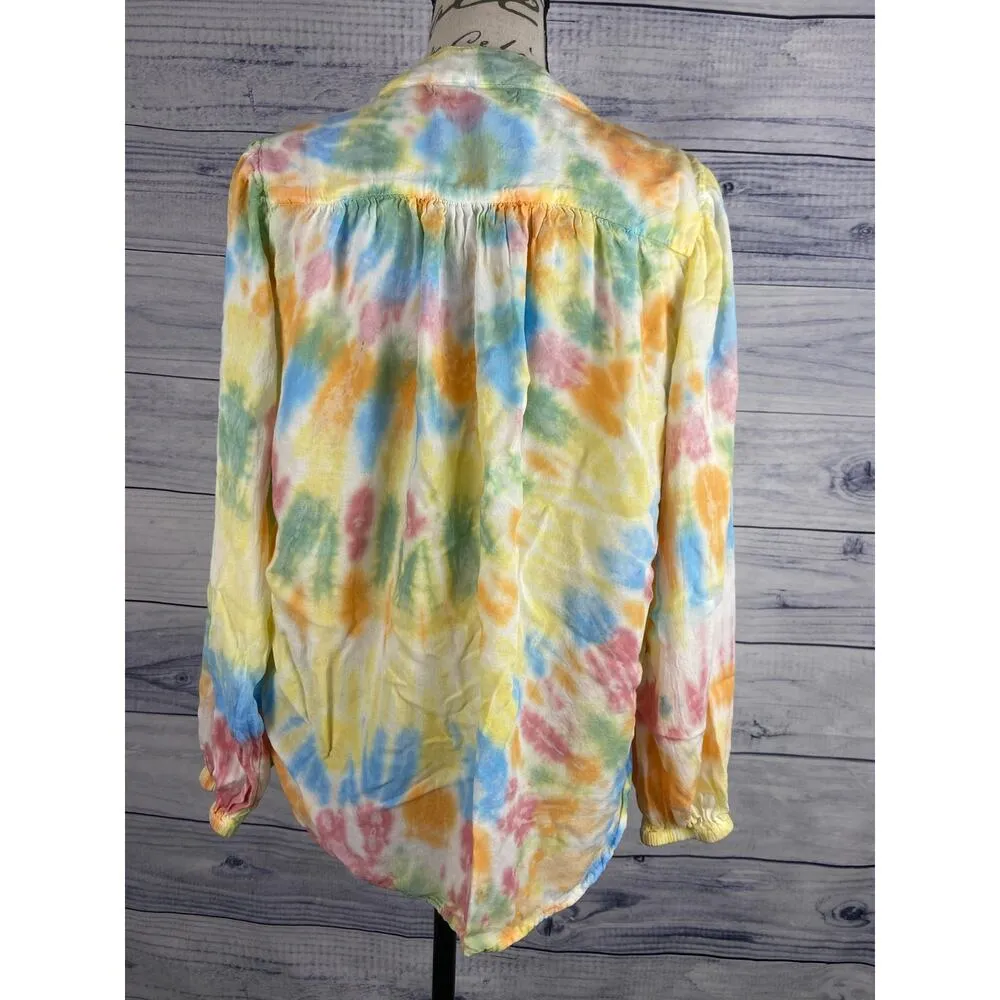 Young Fabulous & Broke Button Front Crop Top Womens S Rainbow Tie Dye Hi Low - Image 3