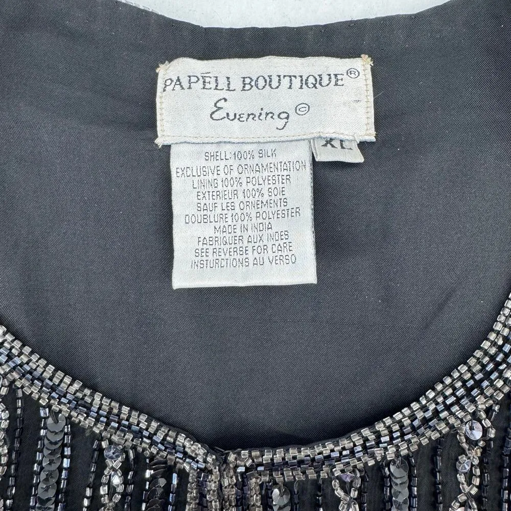 Vintage Papelle Boutique black and silver silk Beaded Evening Jacket size XL - Image 7