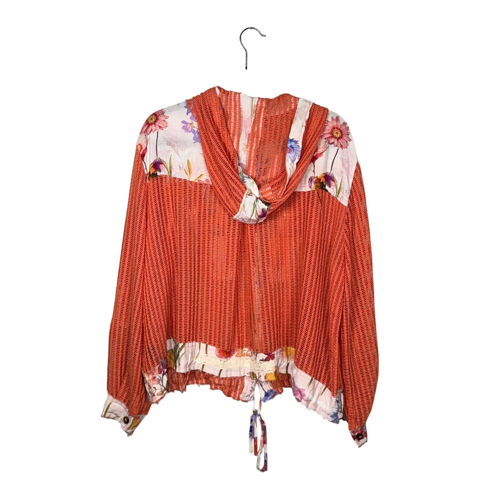 POL Floral Patchwork Crochet Hooded Jacket Orange White Boho Size L - Image 4