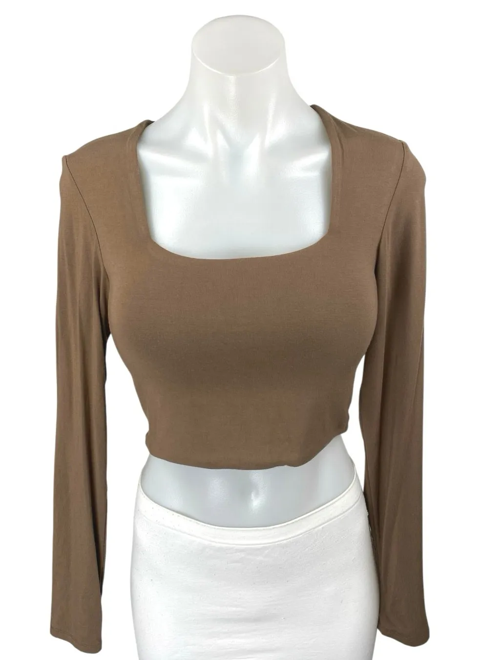 KN Klassy Network Women's Tan Knit Long Sleeve Square Neck Crop Top Size M - Image 1