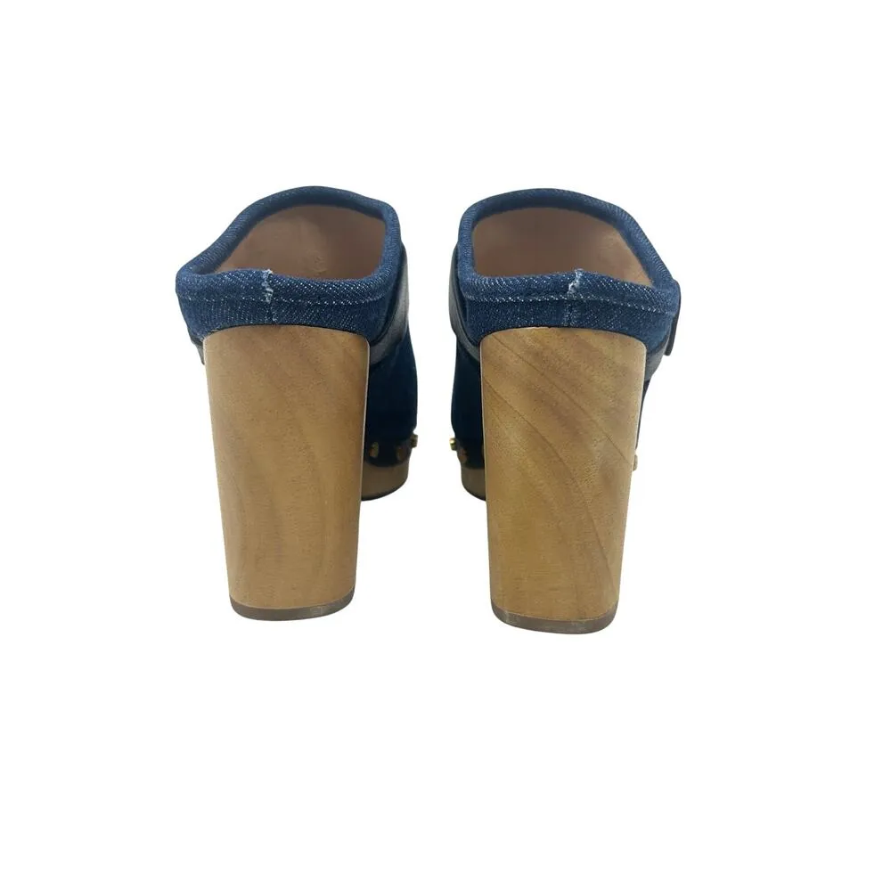 Veronica Beard Dacey Denim Clogs Heels Studded Buckle Wood Blue Size 6‎ - Image 10