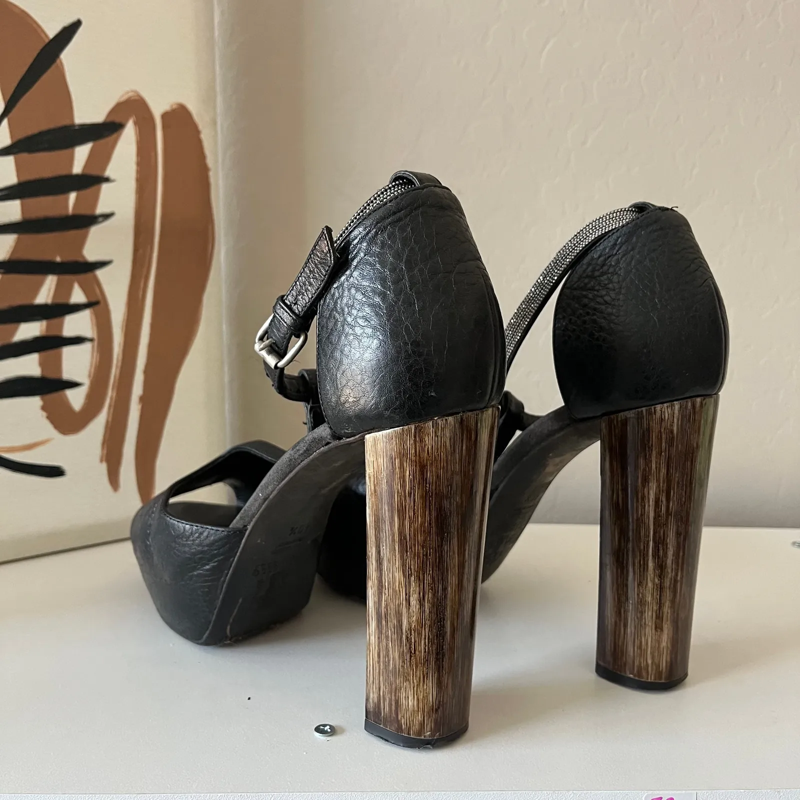 Brunello Cucinelli Black Leather Platform Block Heel Peep T-Strap Sandals 40.5 - Image 6