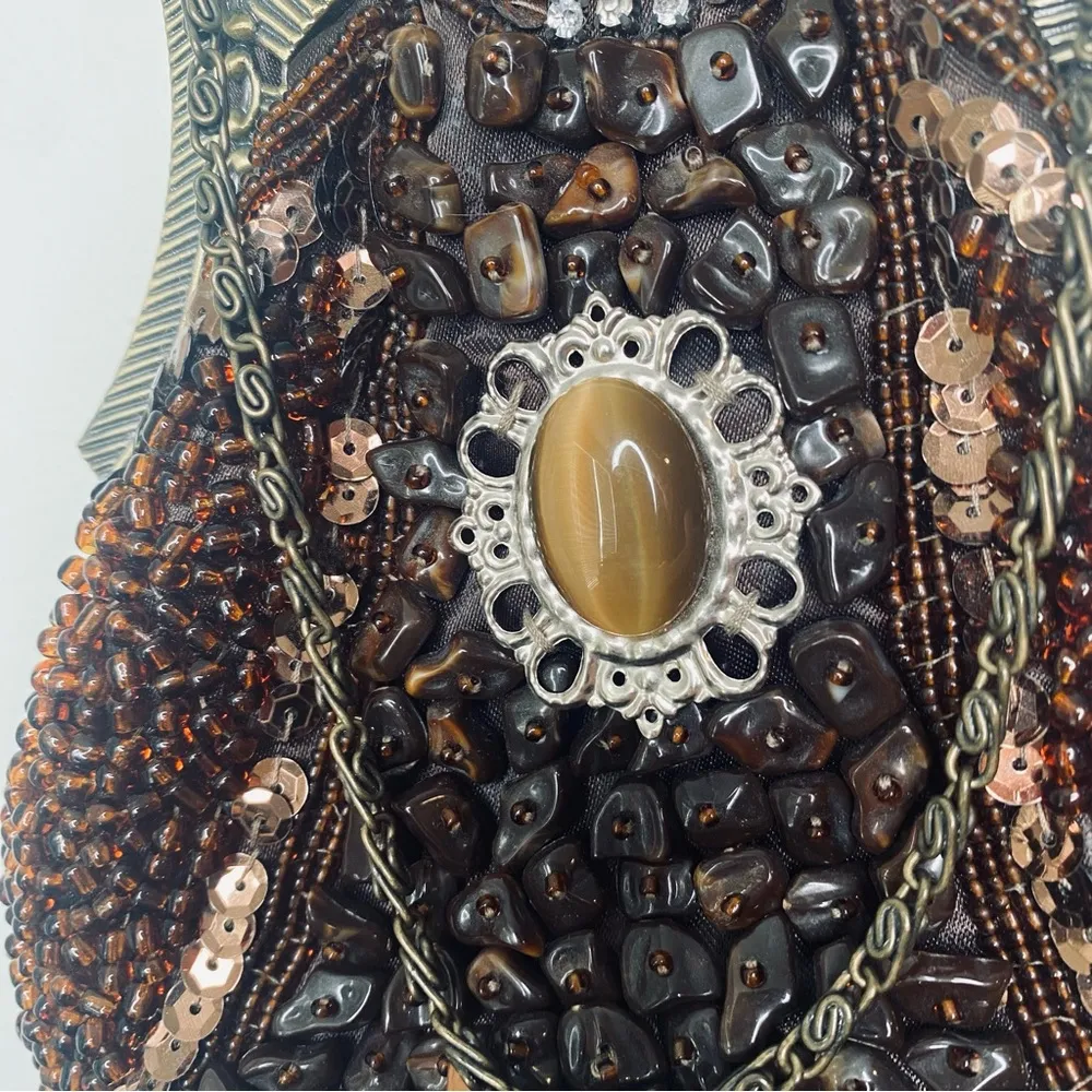 Vintage Ole Gift Art Deco Tiger Eye Stones Beaded Sequin Rhinestone Small Bag Brown - Image 12