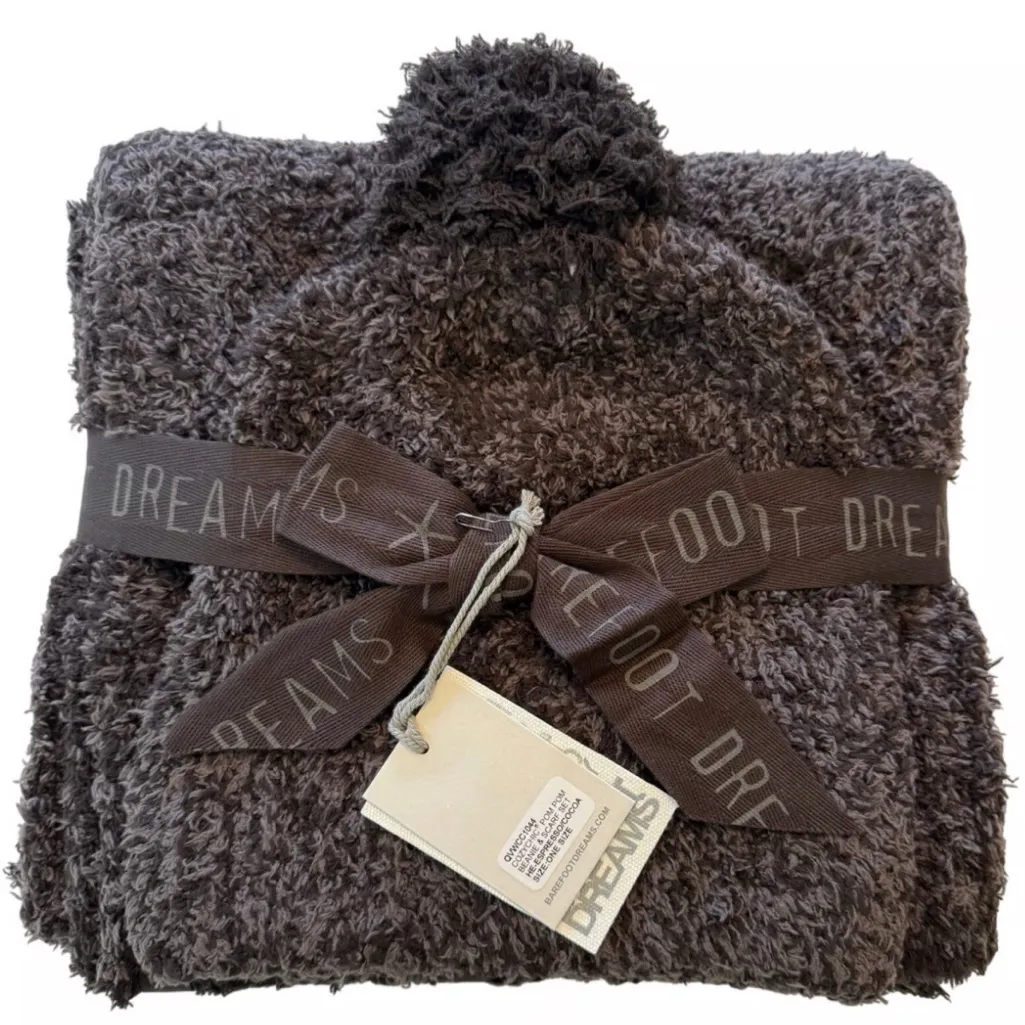 Barefoot Dreams CozyChic Pom Pom Beanie & Scarf Set - Espresso / Cocoa NWT - Image 3