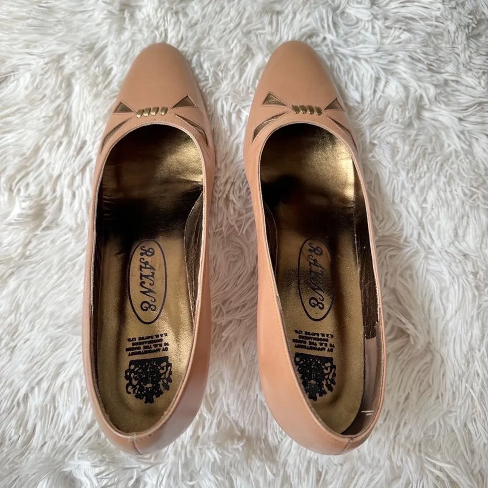 H&M Rayne Ltd. Tan & Gold Leather Almond Toe Pumps Luxury British Footwear Sz 8 - Image 7