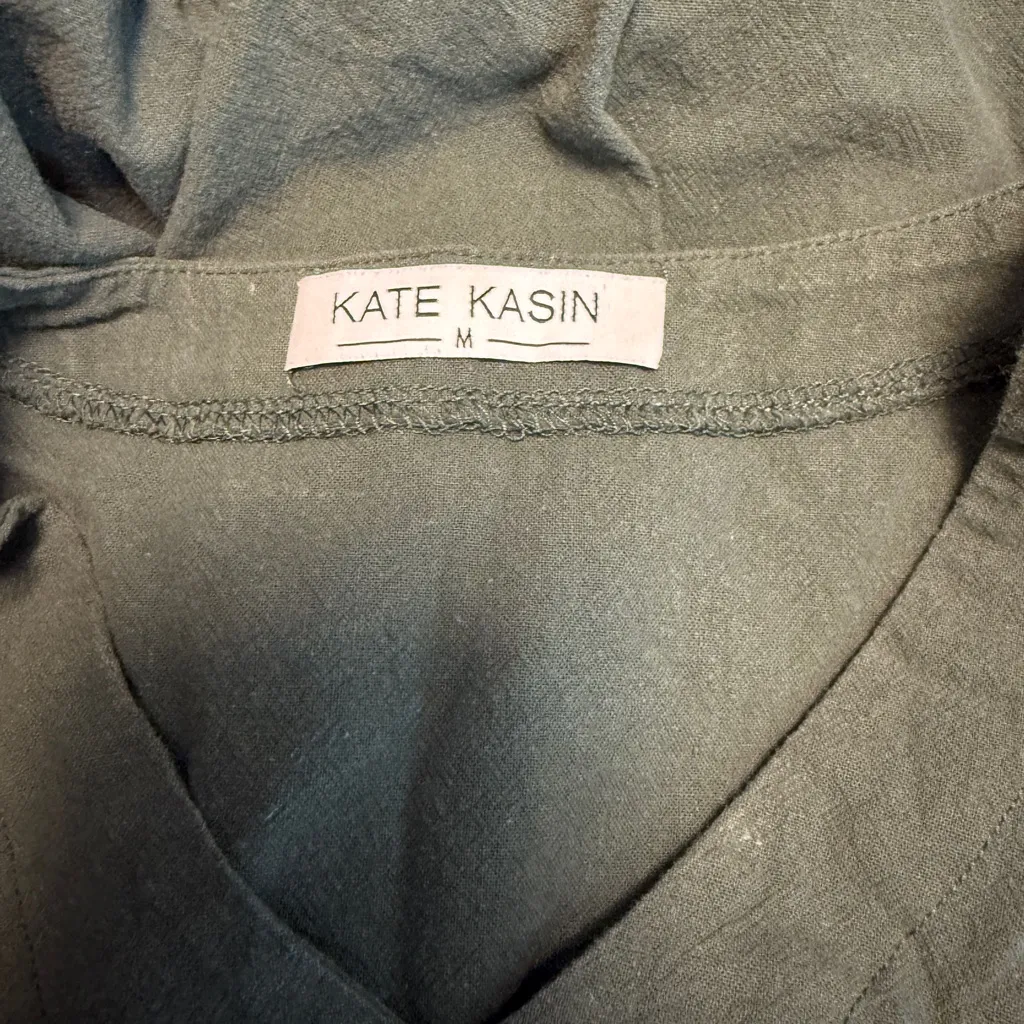 Kate Kasin Short Sleeve Tiered Tunic Dress V Neck Green Medium Flutter Sleeves - Image 7