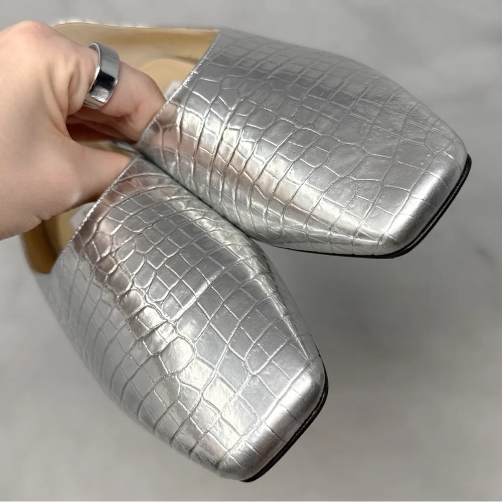 NEW Jimmy Choo Joselyn Croc Metallic Leather Square Toe Loafer Flat Shoes Silver - Image 5