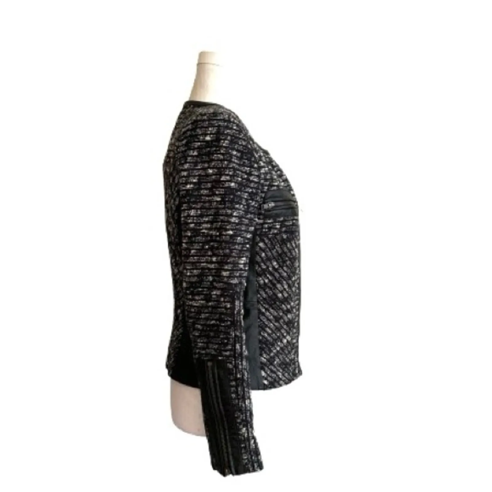 Parker Jacket Blazer Nolita Black White Tweed Lambs Leather Collarless Small - Image 6
