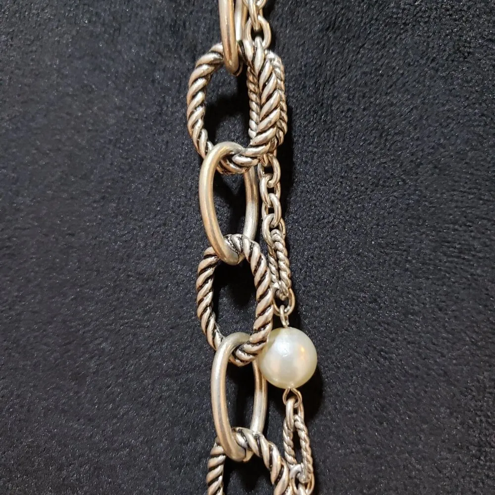 Womens Silver Tone Cable 2 Strand Linked Chain & Faux Pearl Necklace - Image 6