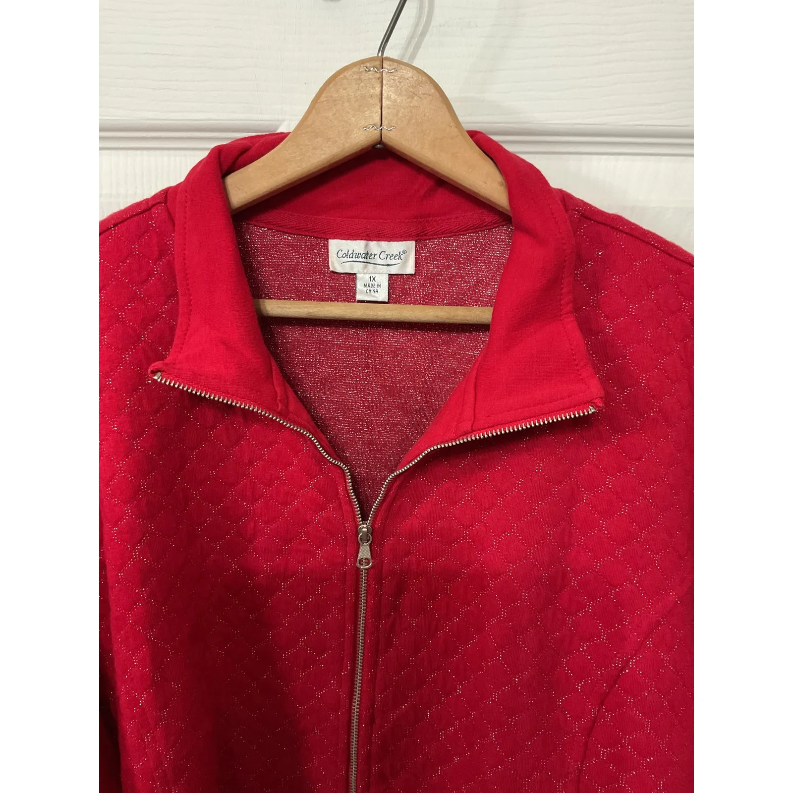 Coldwater Creek Red Textured Boucle Metallic Knit Zip-Up Jacket,1x - Image 2