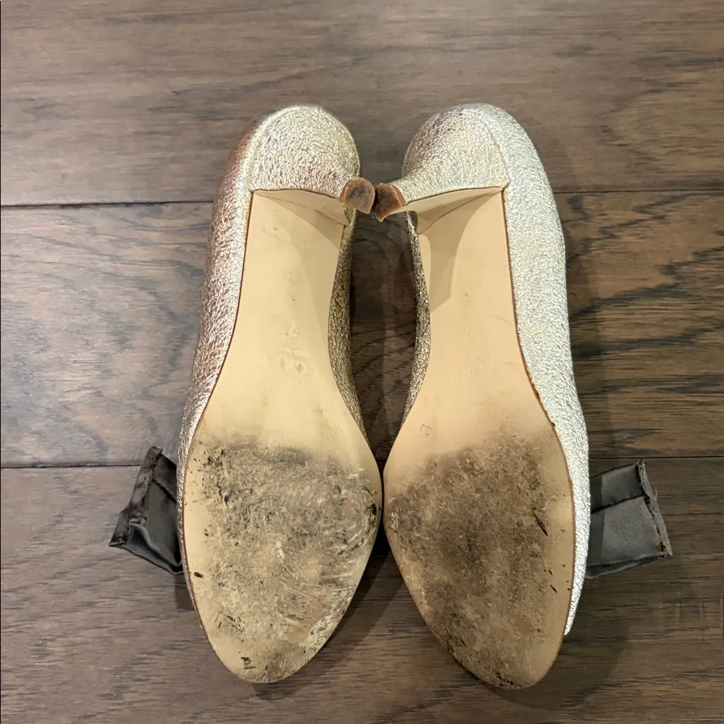 JCrew Collection Platinum Metallic Peep Toe Pumps with Dark Gray Satin Bow Sz 7 - Image 8