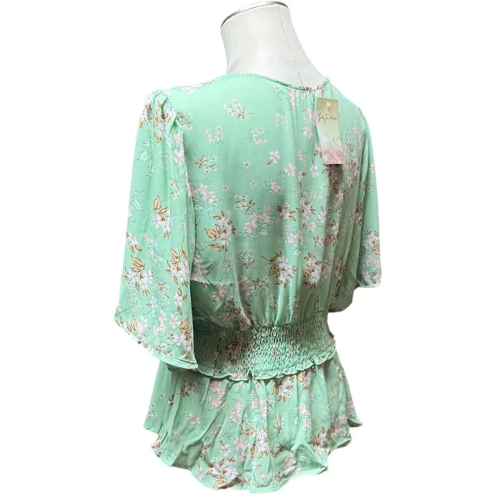 Lily White V-Neck Flowy Top Floral Green Pink XL - Image 4