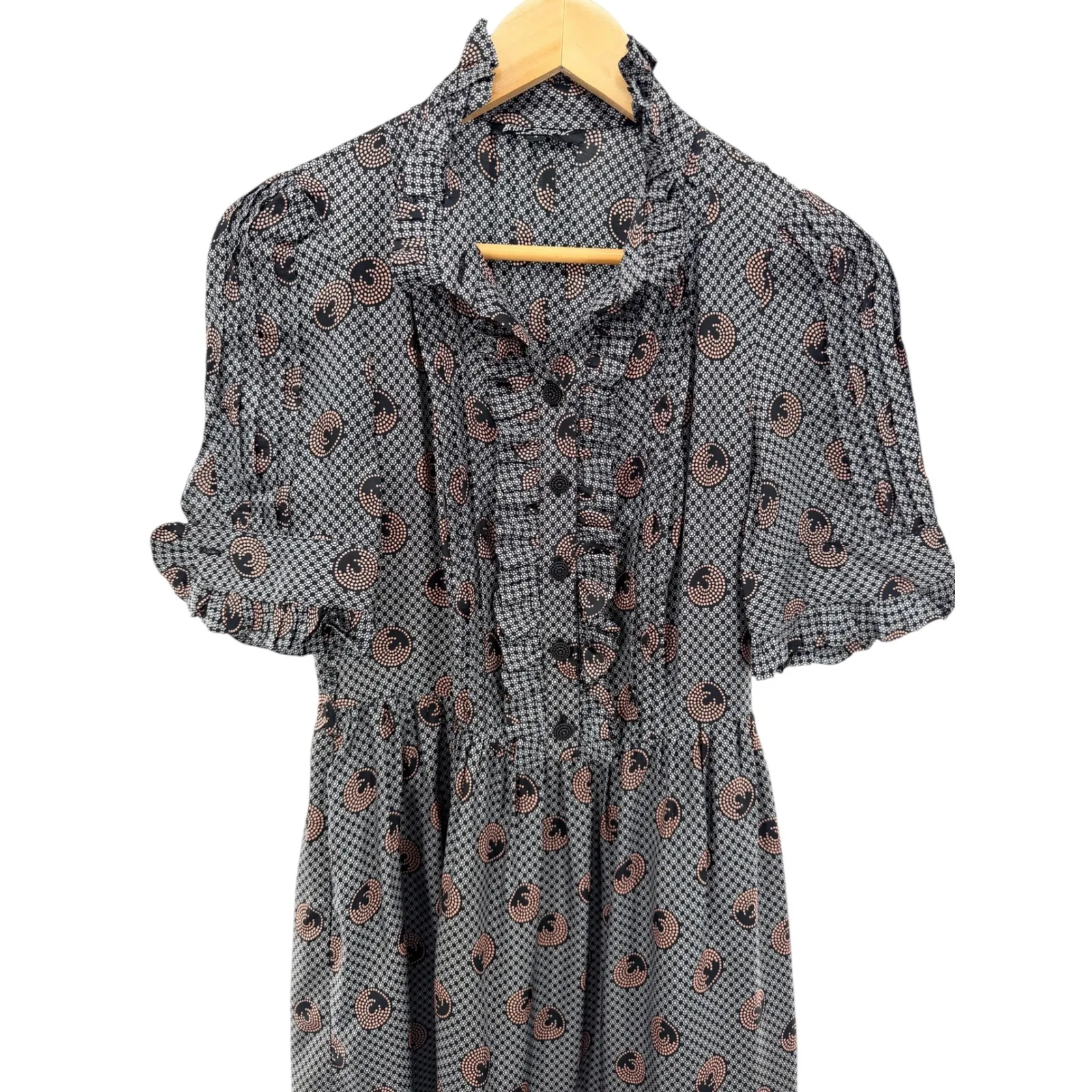 Betsey Johnson New York Dress Size 4 Black Pink Geometric Ruffle High Neck - Image 2