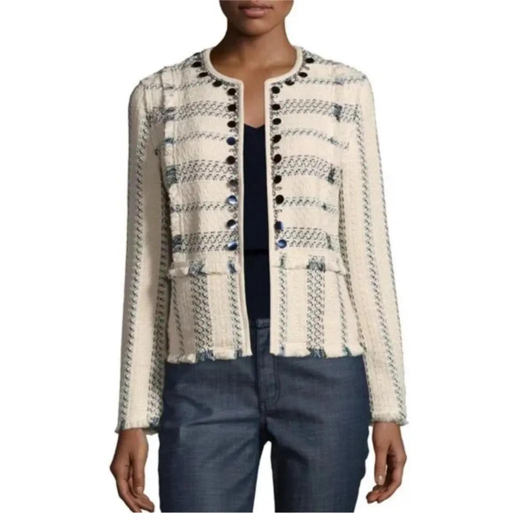TORY BURCH Stripe Tweed Jacket in Cream Blue - Image 3