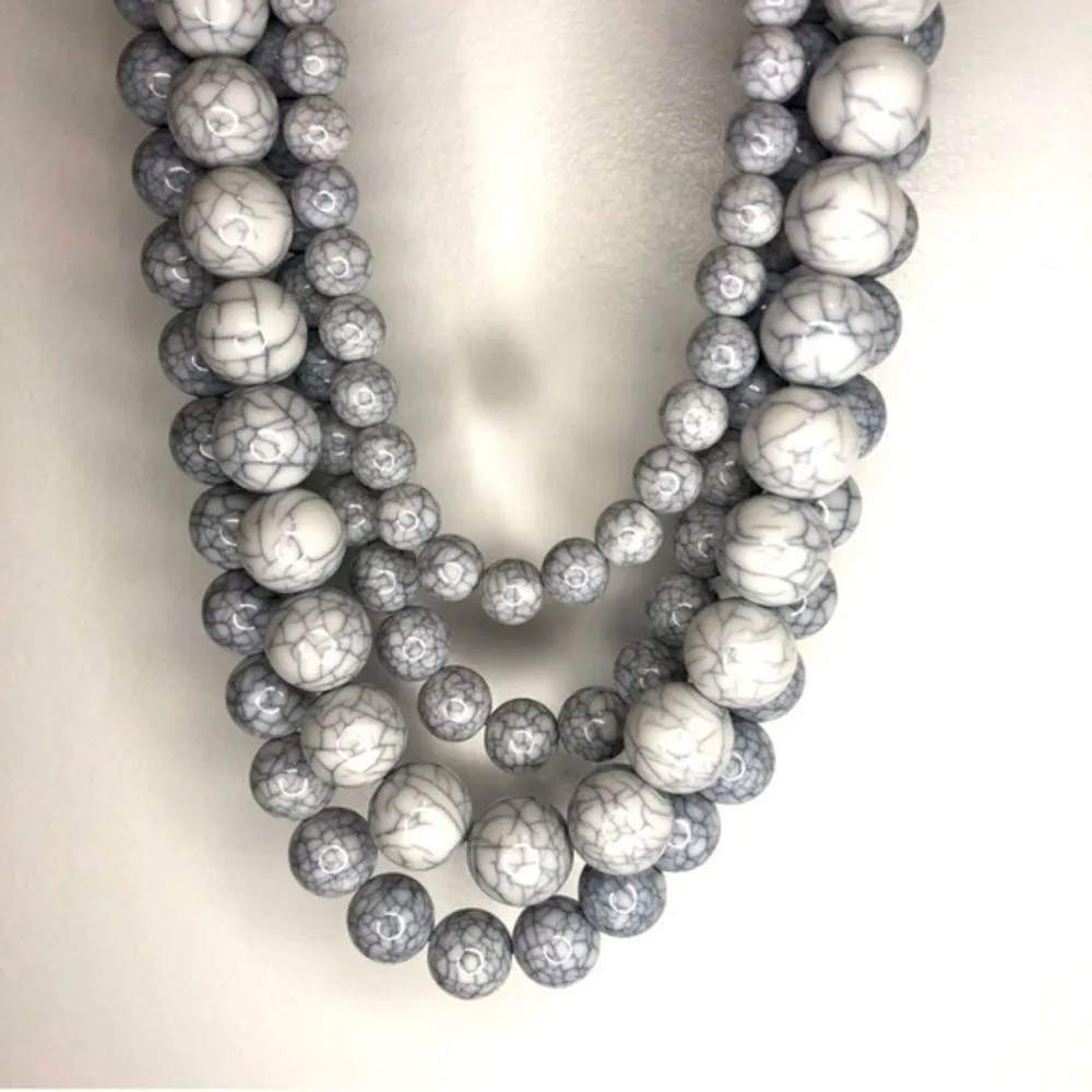 Vintage Beaded Necklace Gray White Marble Multi - Image 3