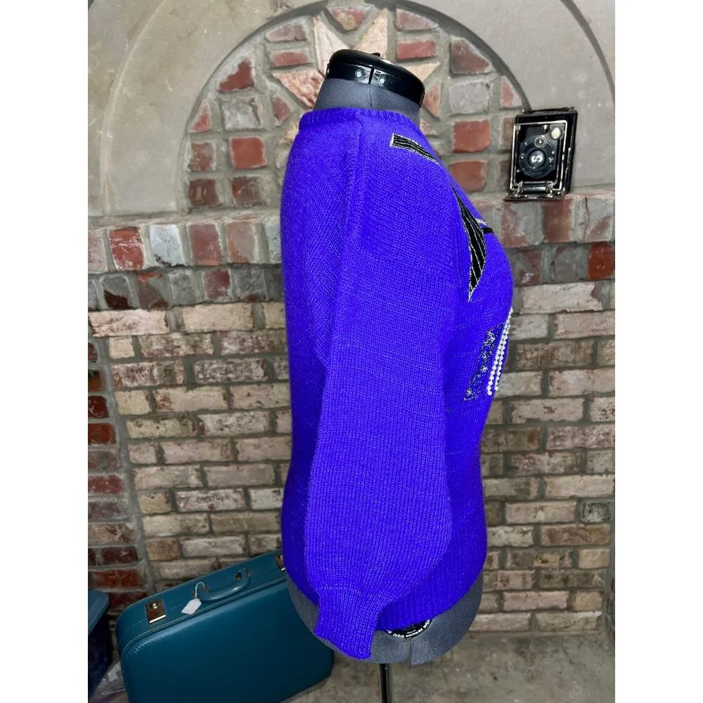 sweater vintage 1980s geometric beads purple black cream Size L - Image 9