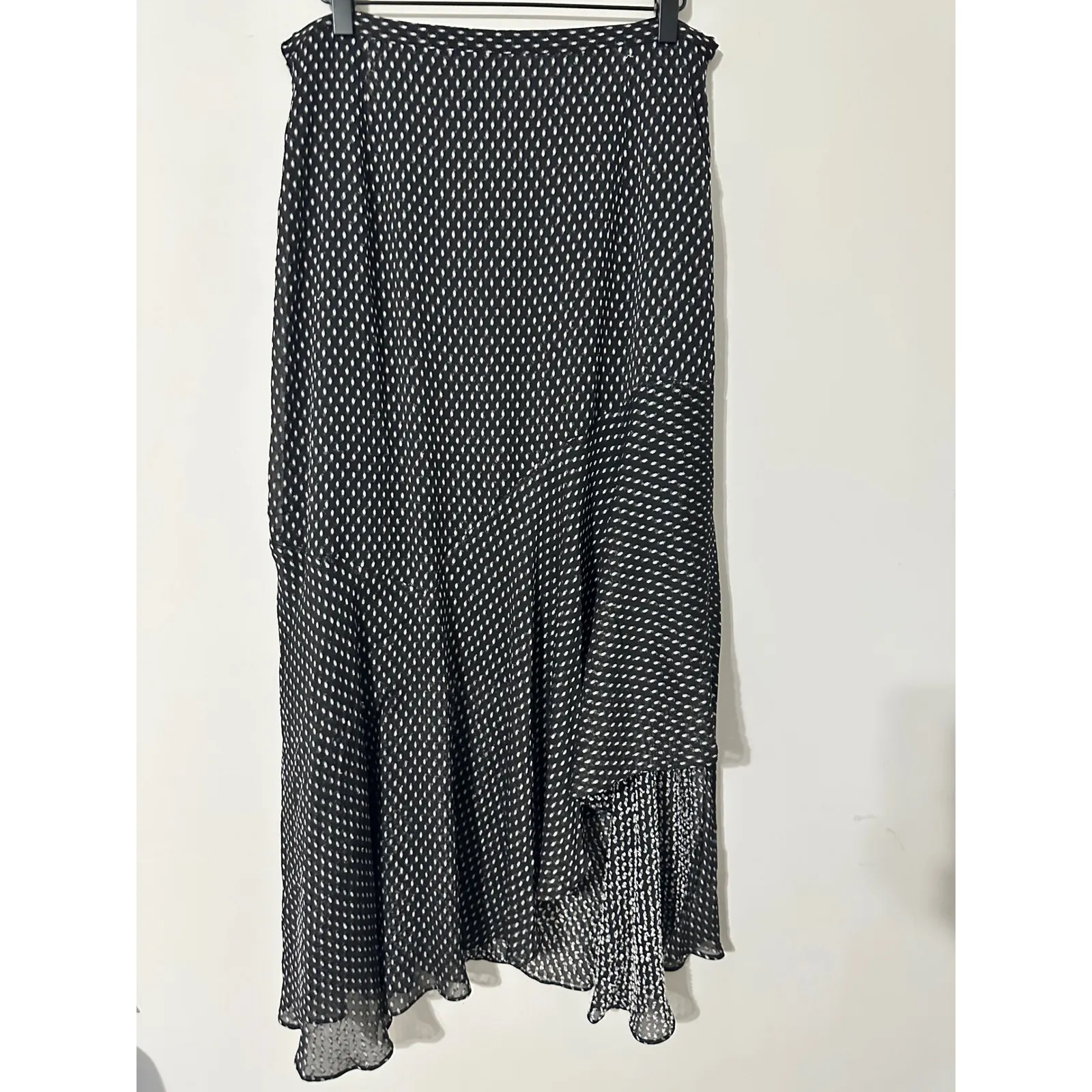 Avec Les Filles Black White Polka Dot Ruffle Asymmetrical Midi Skirt Size 12 - Image 4