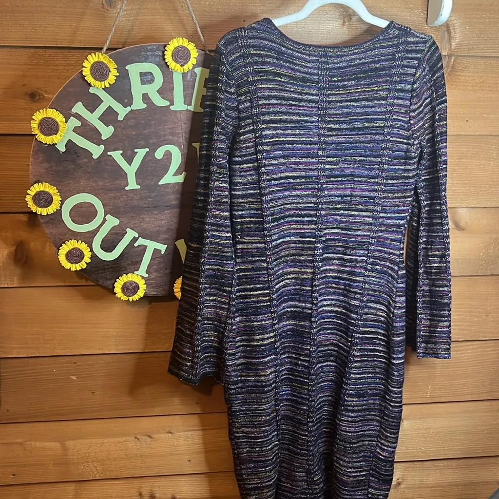 Ashro Flare Bell Sleeve Knit Contour Ribbed Strip Midi Scoop Neck Sweater Dress Black Size L - Image 4