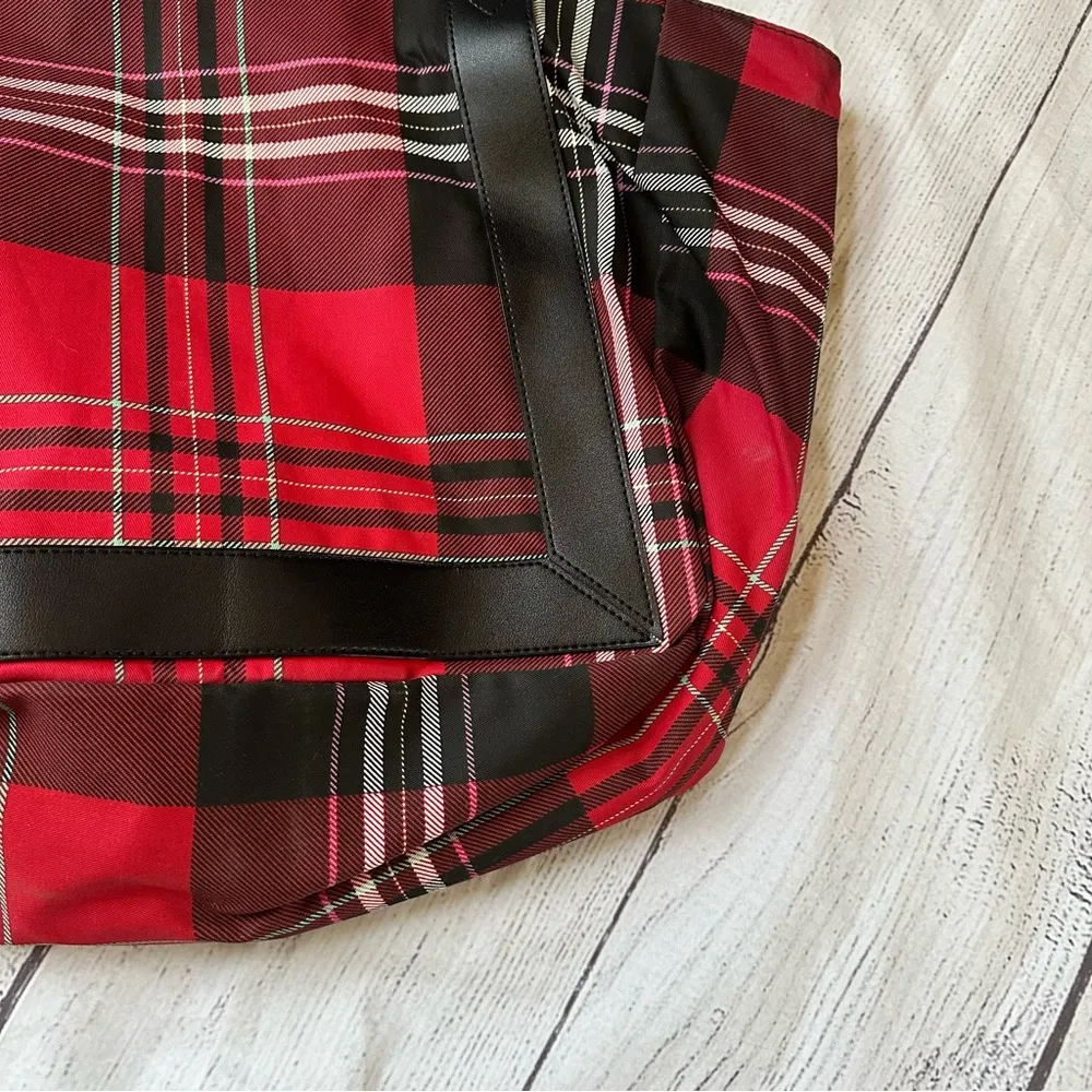 Victoria’s Secret Tote Bag Plaid Holiday Red Black Logo flowers - Image 5
