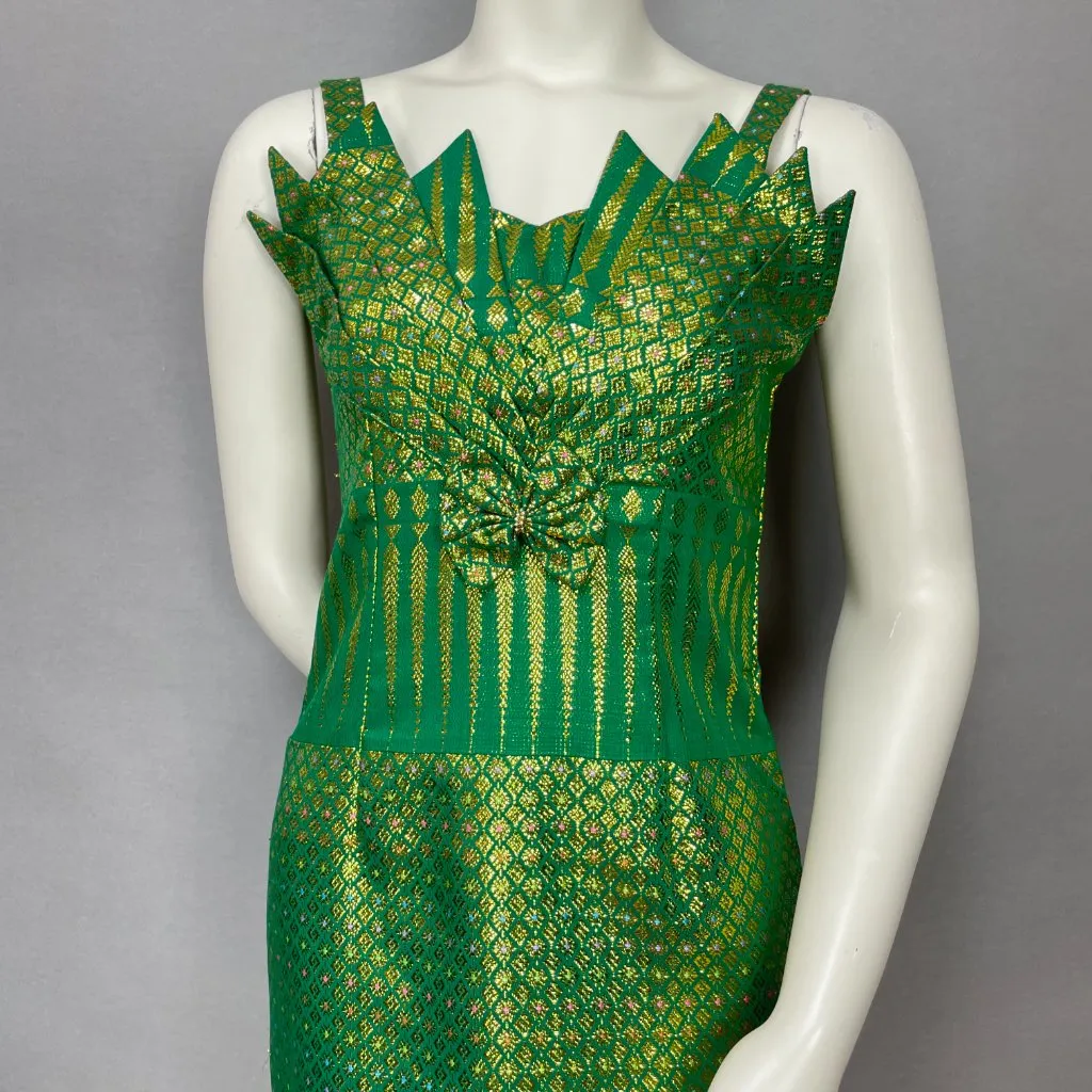 Origami Dress Formal Green Gold Mermaidcore Pointed‎ Neckline Sleeveless Women Size XXS - Image 4