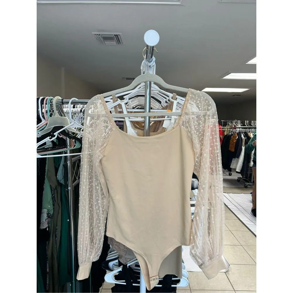 NEW Puff Bodysuit Off Shoulder Leotard Sheer Polka Dot Sleeve S - Image 5