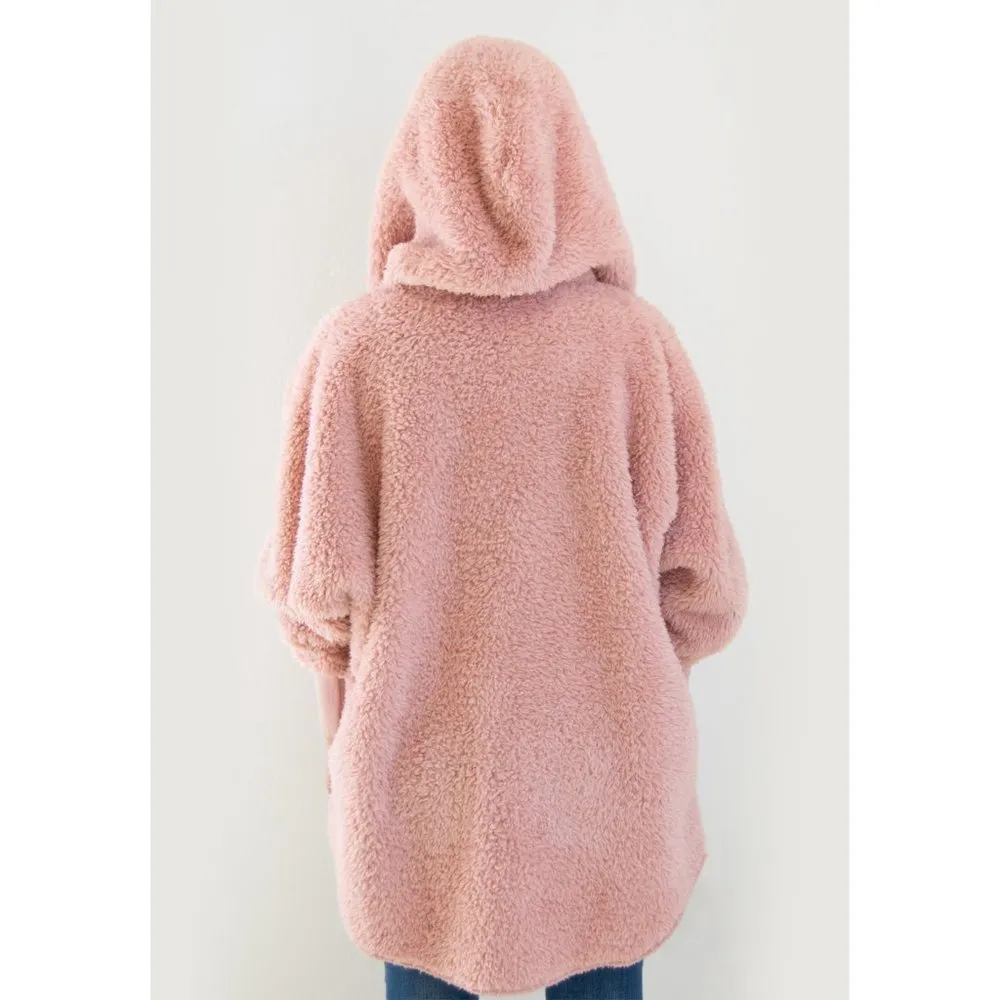 FORGOTTEN GRACE Women's Fuzzy Oversized Blush Wine Fleece Hooded Cardigan Sz M - Image 3