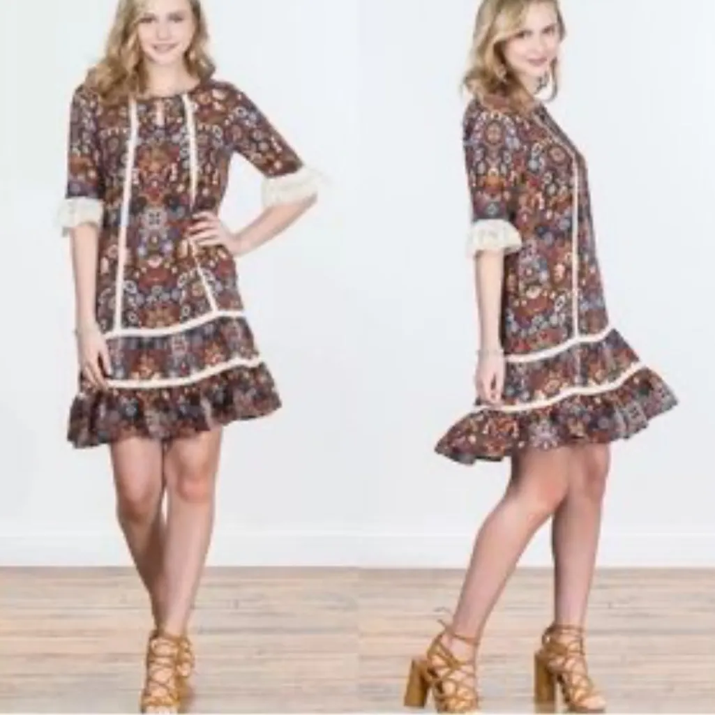 Matilda Jane Brown and Cream Floral Mini Dress Size Medium - Image 2