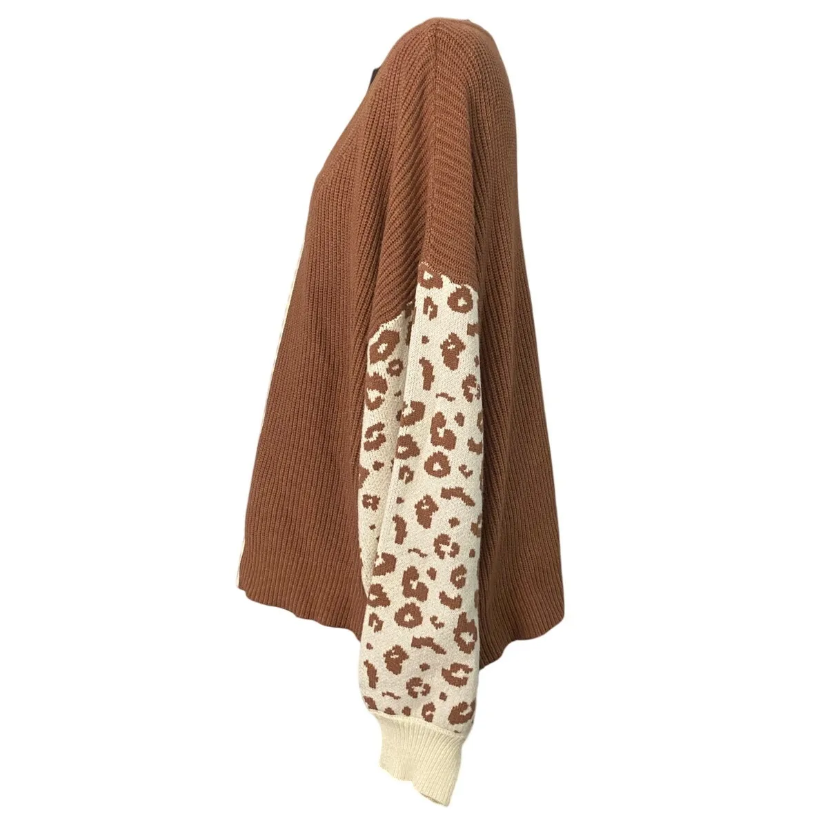Pink Lily Oversized Ribbed Sweater Colorblock Leopard Sleeve XL 1X Cozy Casual - Image 3