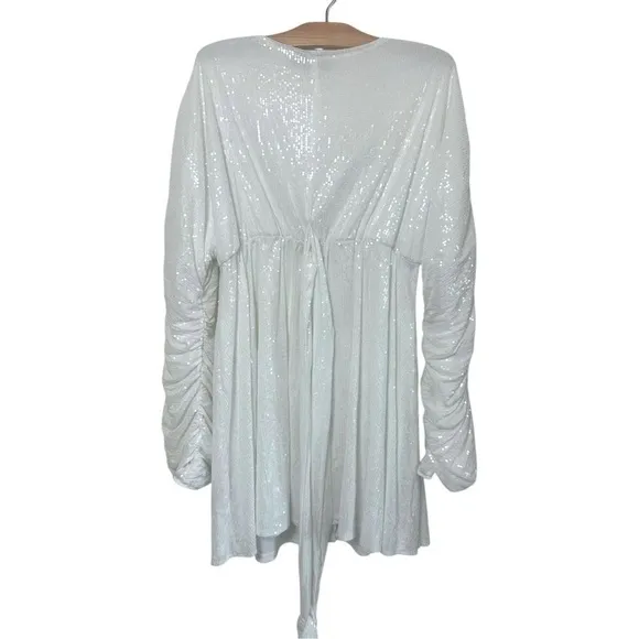 Maternity White Sequin Wrap Robe Dress Mini Blouson Sleeves Sparkle Party sz 12‎ - Image 9
