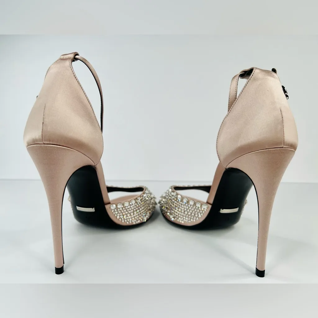 Gucci Crystal Embellished Skin Rose Satin Heel Ankle Strap Bridal Sandals EU 40 - Image 9