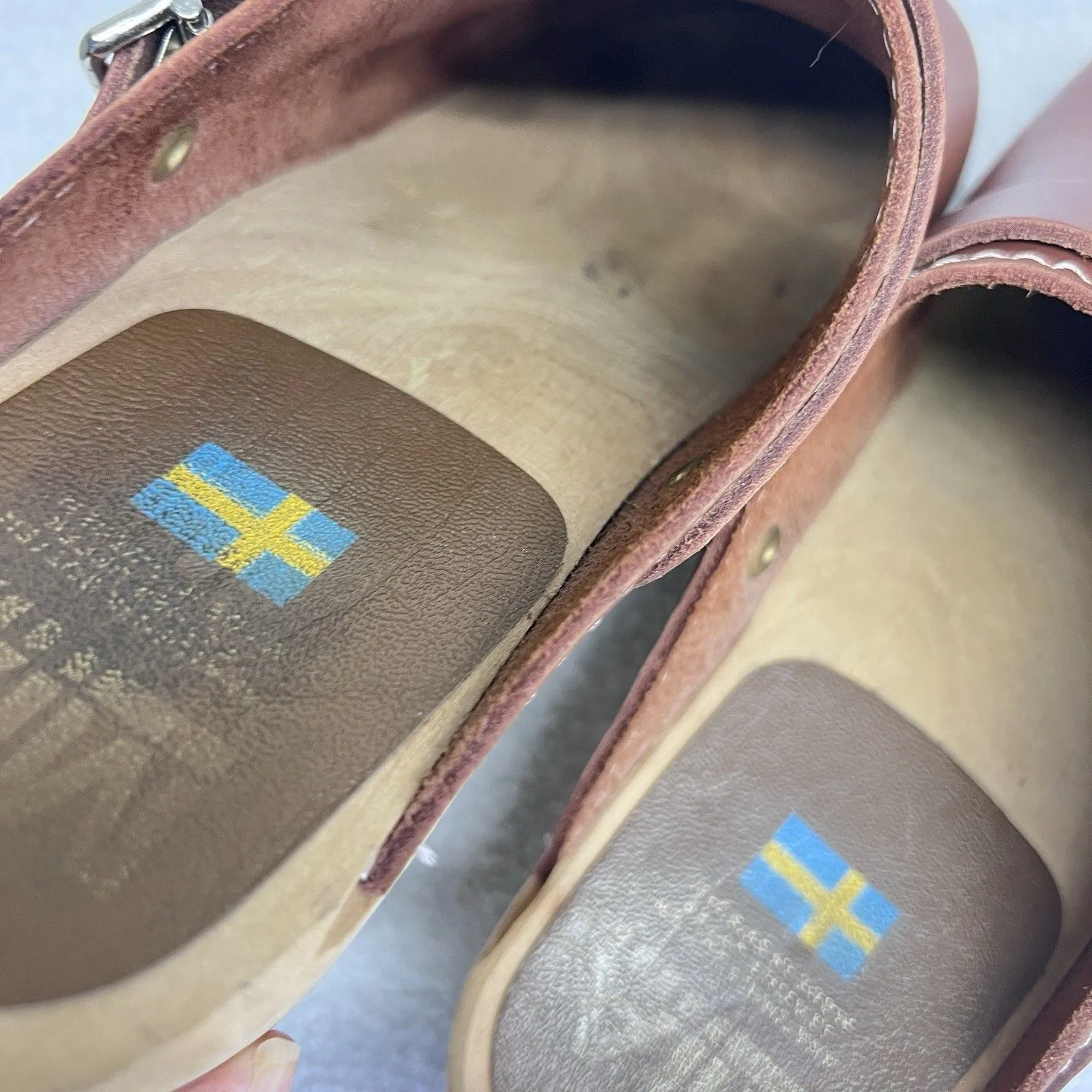 Womens MIA Alma Clog Brown Luggage Leather Wood Swedish 38 US 7.5/8 - Image 7