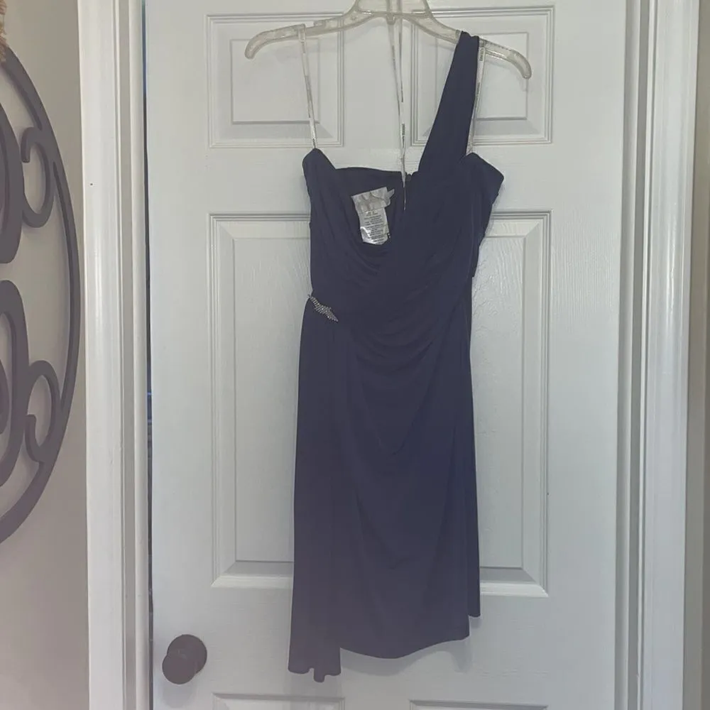 DAVID'S BRIDAL Blue one shoulder jersey dress with pleated cascade - Image 2