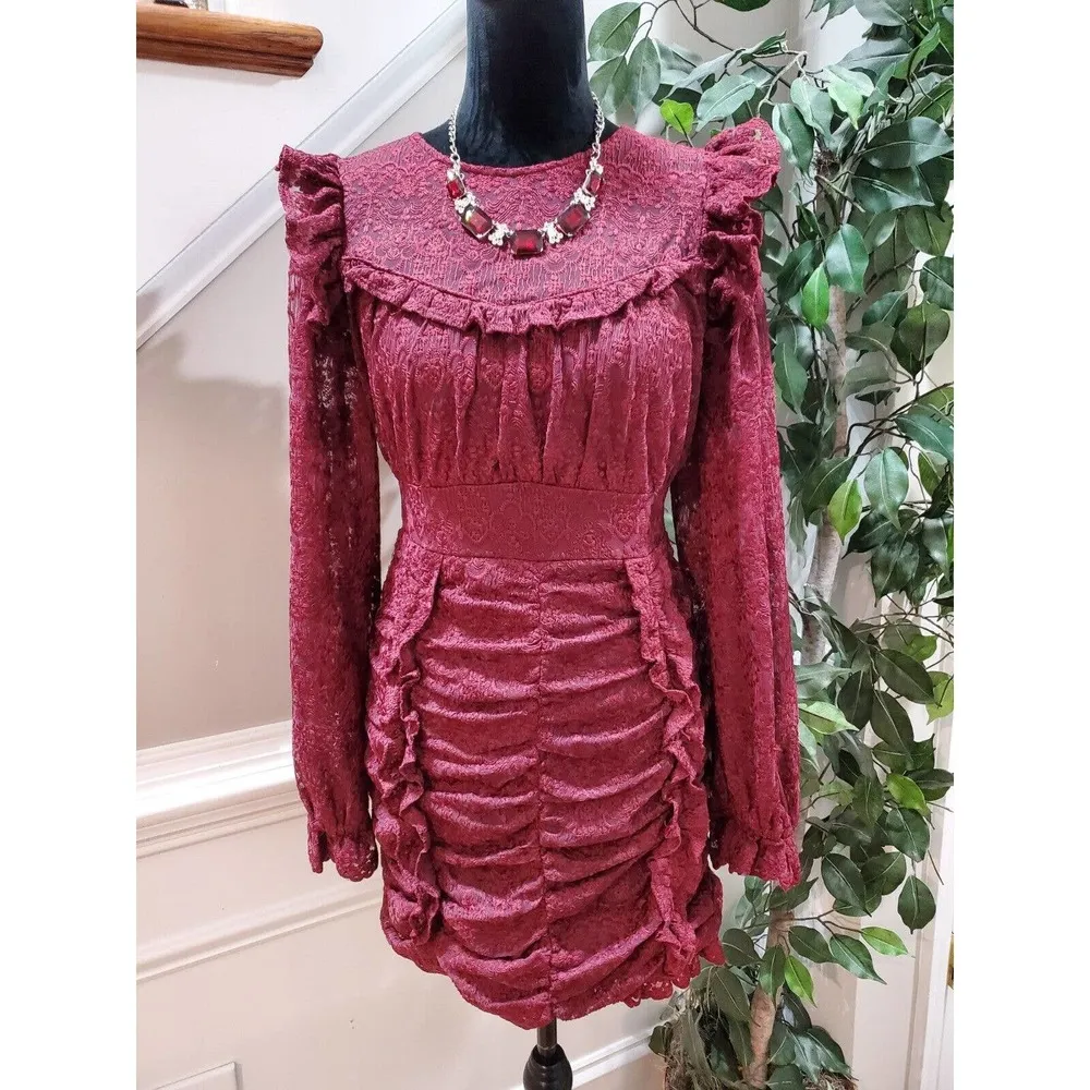 Just Me Women's Maroon polyester Round Neck Long Sleeve Knee Length Dress Size S - Image 12