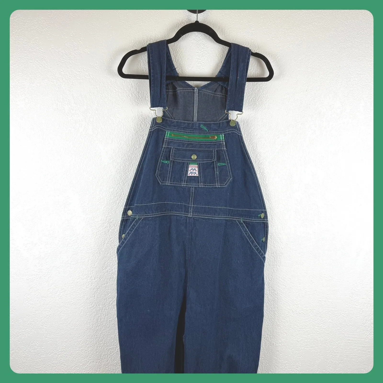 Liberty Denim Overalls — Women's Size 20 Tall Green Zip Accent Carpenter Style Blue - Image 3