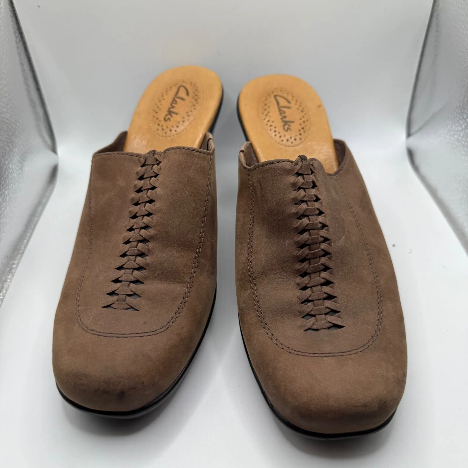 Clarks Mules Clogs Wedge Heel‎ Leather Brown Casual Shoes Size 7.5M - Image 2