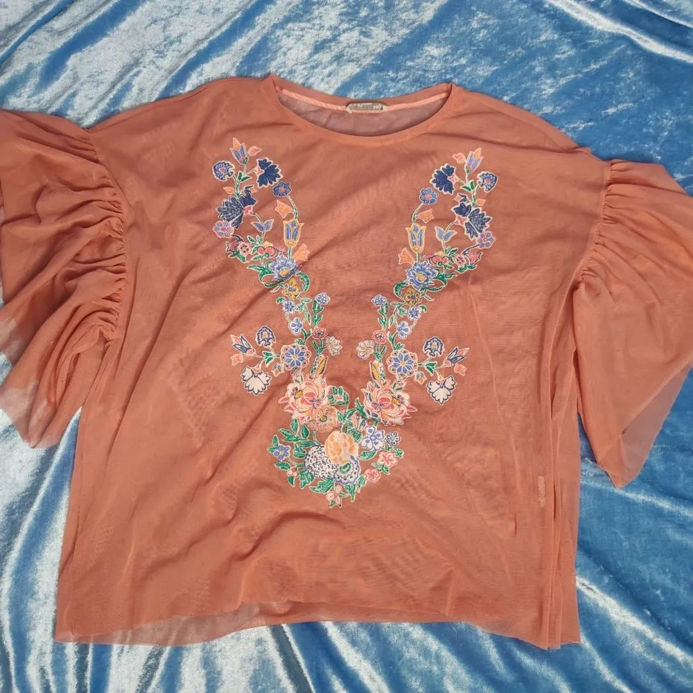 Zara mesh ruffle sleeves flowers print top size L - Image 4