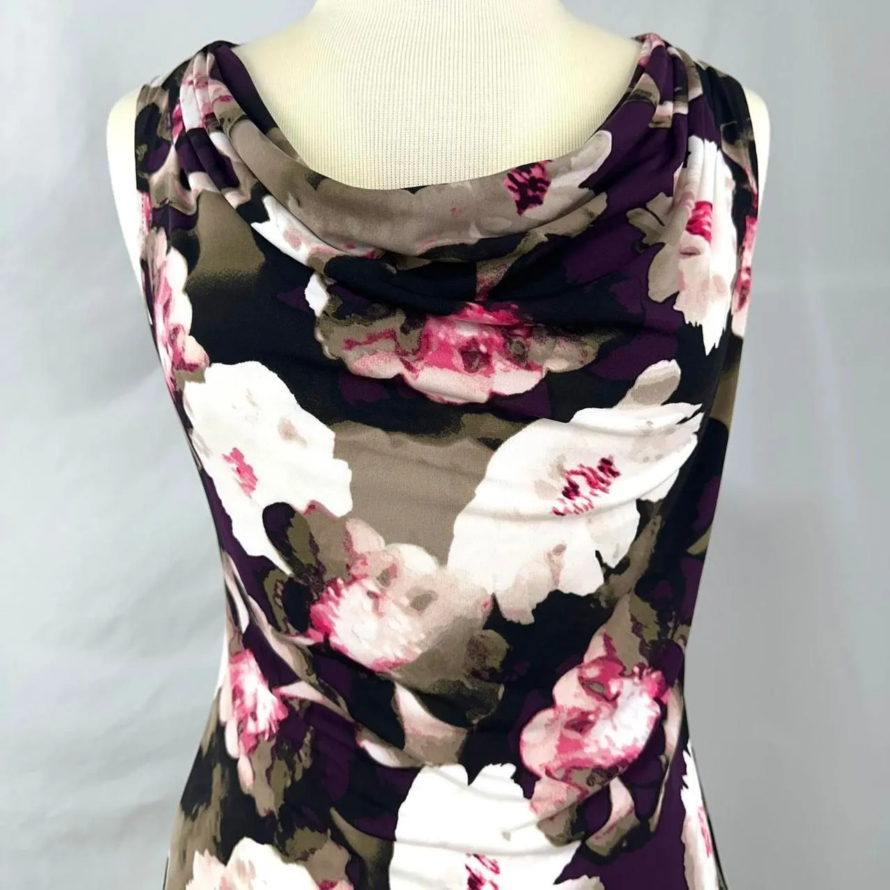CALVIN KLEIN Purple White Dark Floral Cowl Neck Tank Top Womens Petite Small Y2K - Image 2