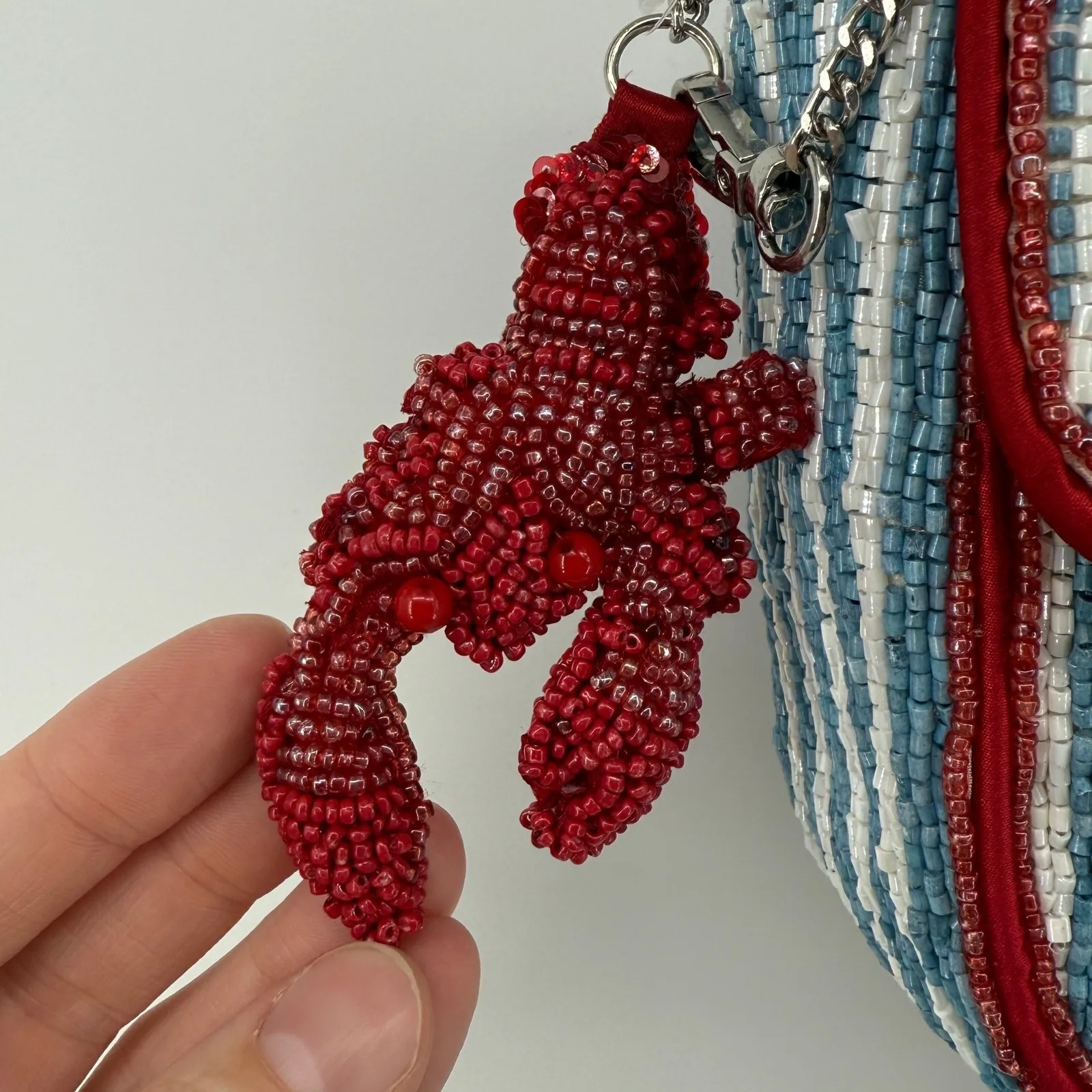 Handcrafted Beaded Red Lobster Shoulder Bag Purse Blue White Striped India Made - Image 5