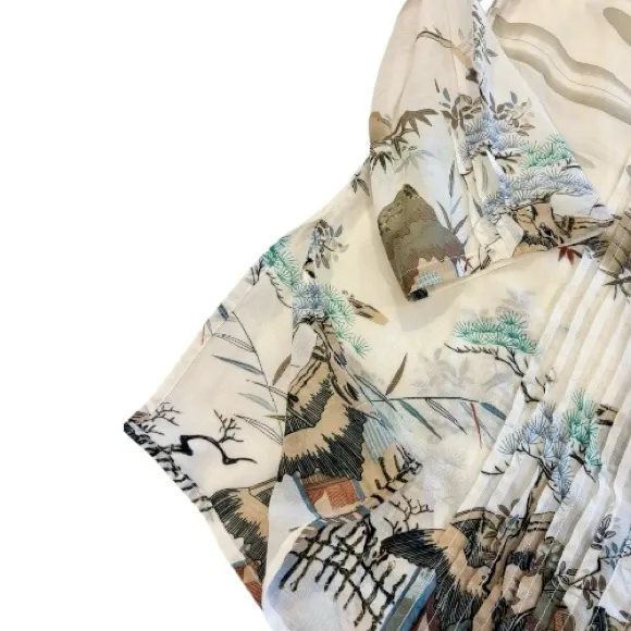 Citron Santa Monica Silk Cotton Tunic Top Blouse Asian Landscape Print Size S Tan - Image 6