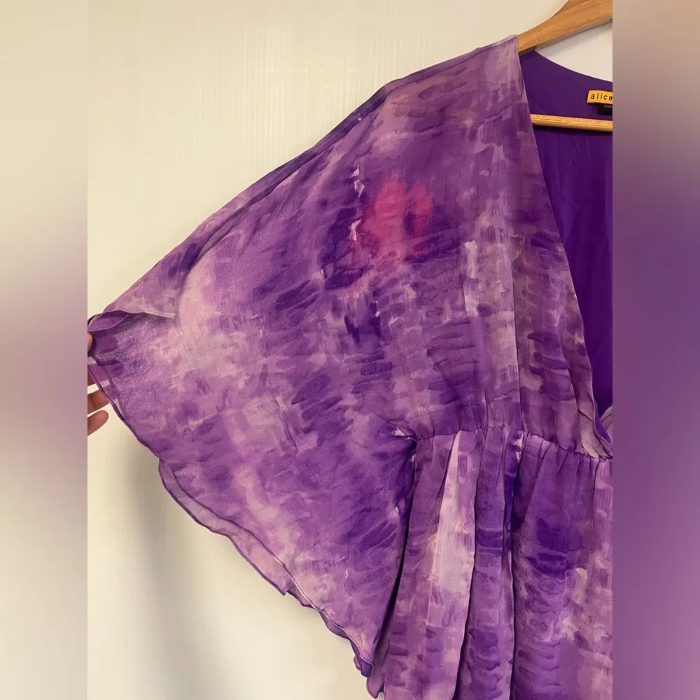 Alice and Olivia purple tie dye kimono dress mini beach Kaftan 100 % Silk Size S - Image 6