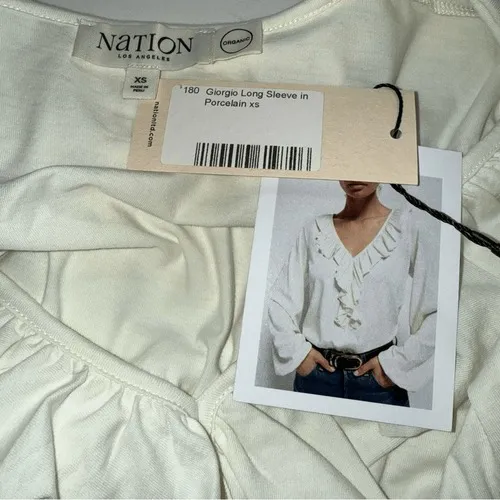 NATION LTD LOS ANGELES Giorgio Long Sleeve Ruffled Trim Top in Porcelain NWT XS‎ - Image 7